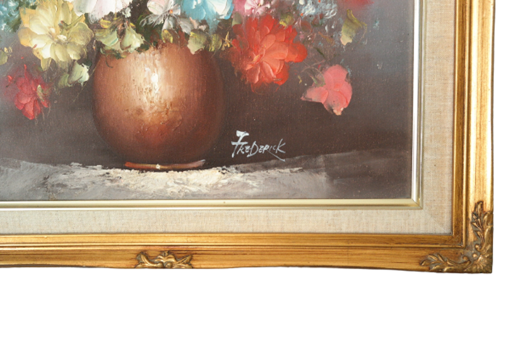 Tableau bouquet de fleurs tons pastels signé Frederick