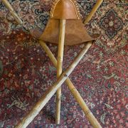 Tabourets tripodes mexicain vintage en bambou et cuir