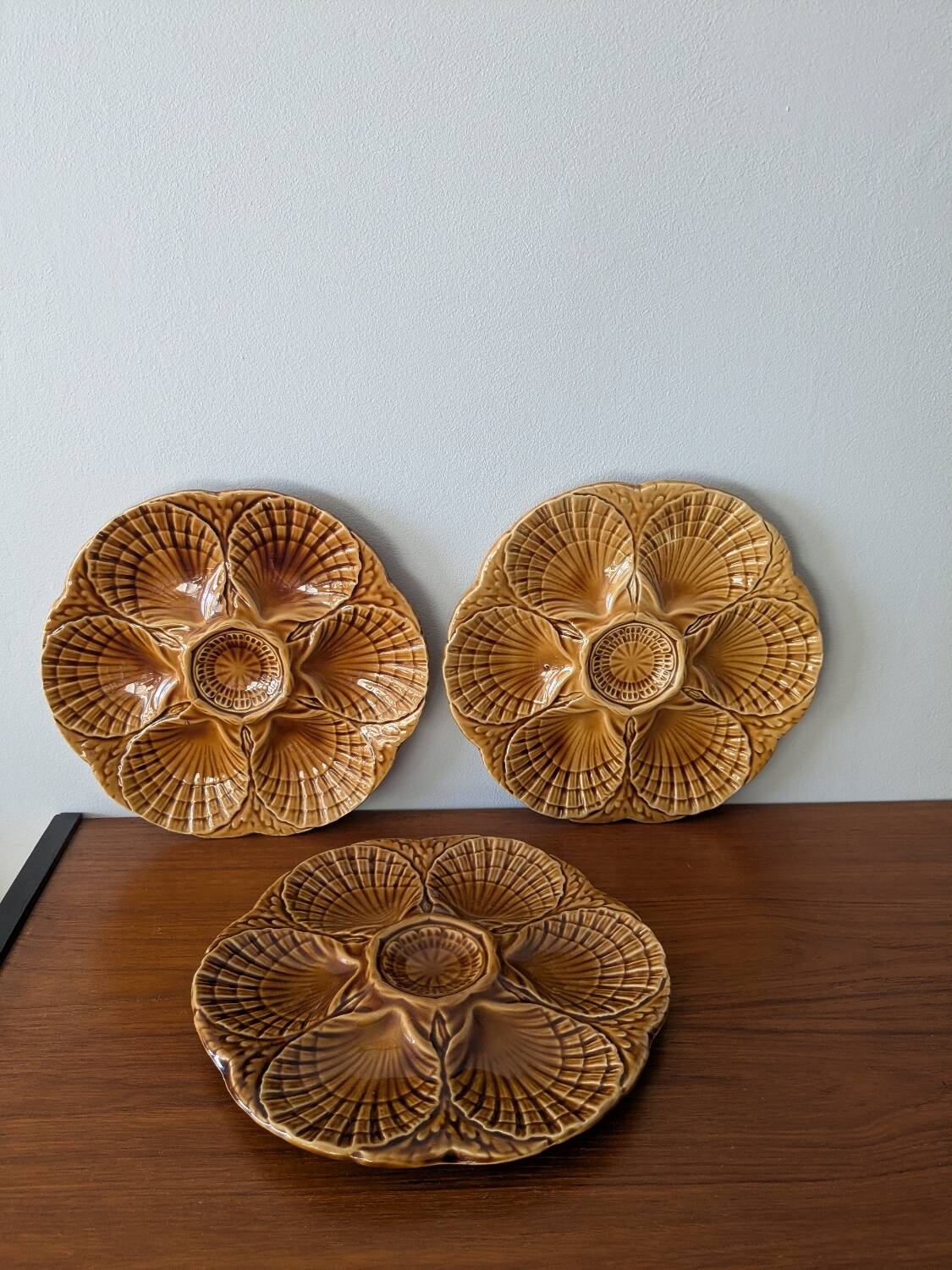 Set of 3 vintage brown Sarreguemines majolica oyster plates.