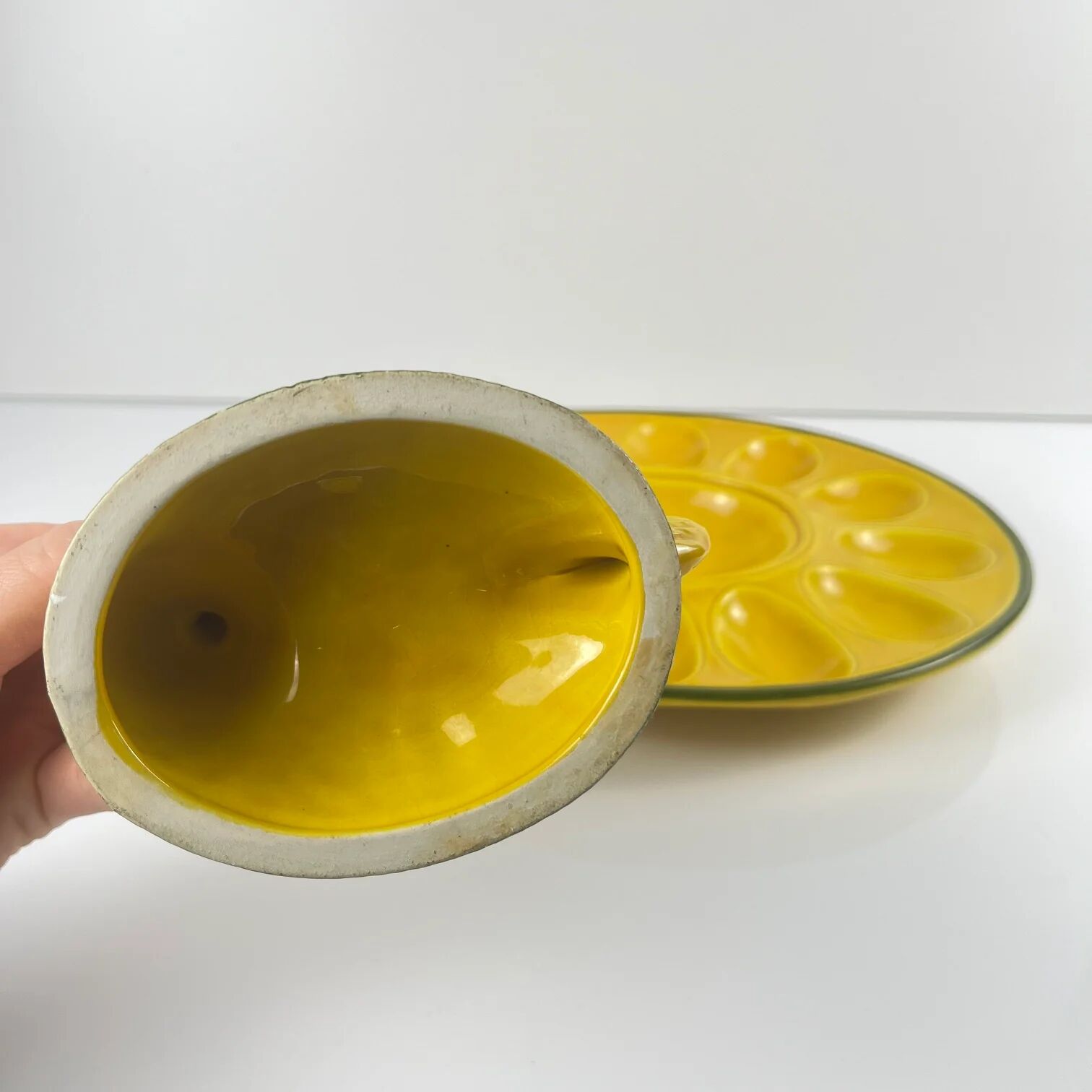 Ceramic yellow egg plate/display with hen, 20th century