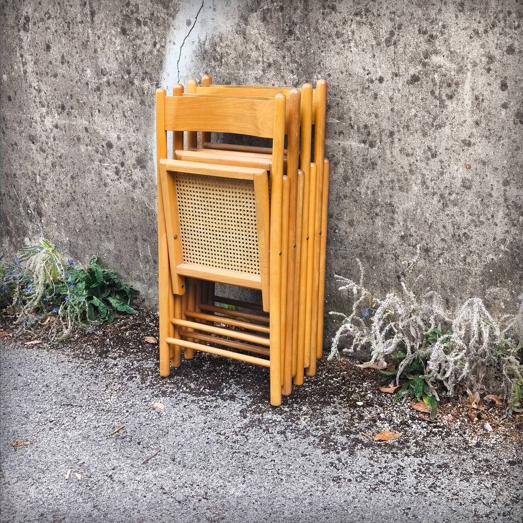 Set of 4 folding chairs in beech and caning by Habitat, 1980s.