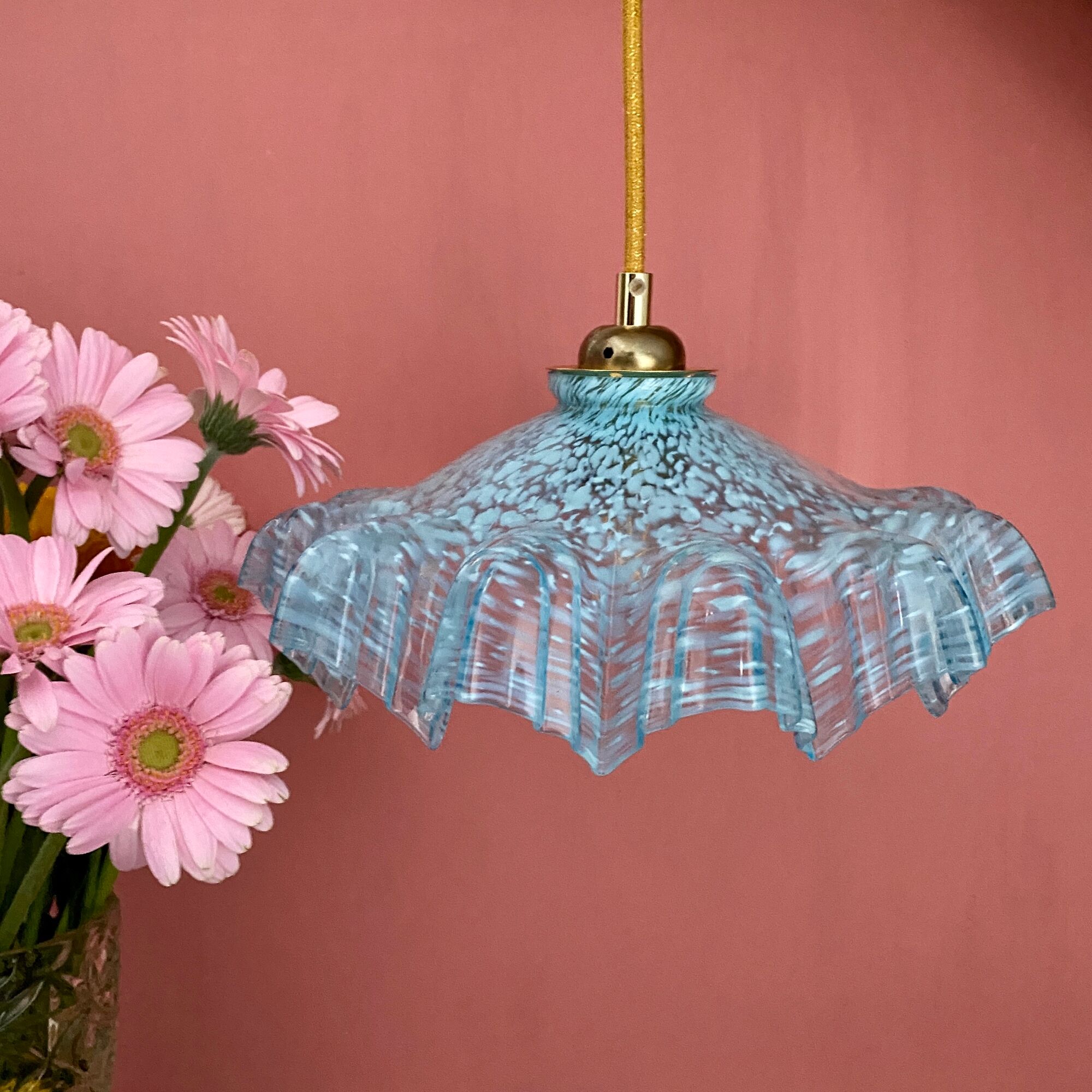 Vintage aabt-jour pendant lamp in blue Clichy glass