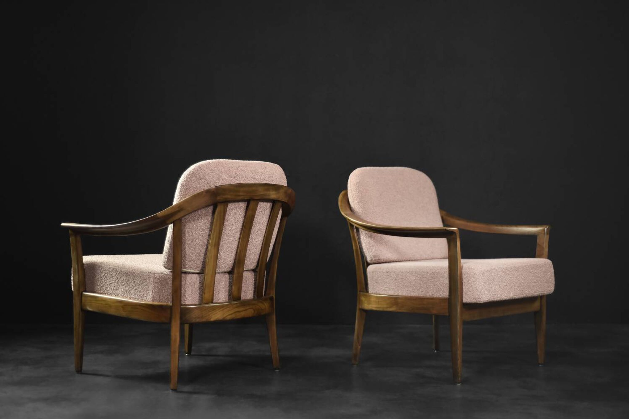 Pair of Mid-Century German Elegant Cherry Wood and Dusty Pink Fabric Armchairs
