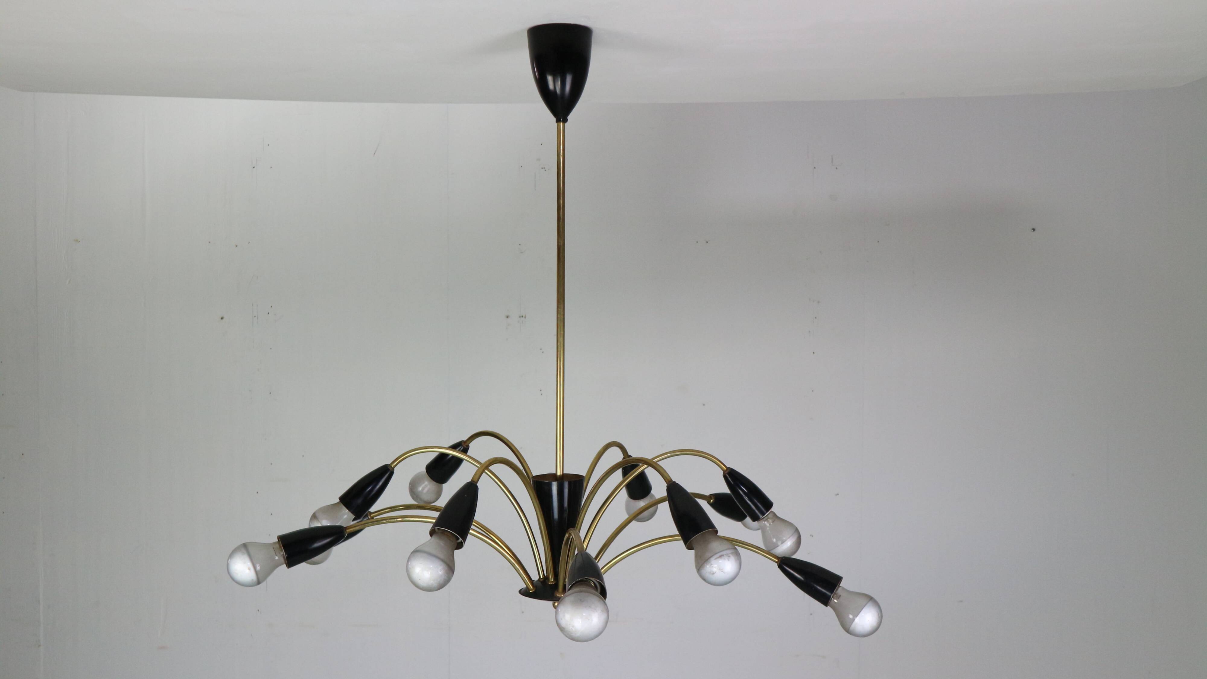 Italian Black and brass 12 arm Spider Chandelier  1950s