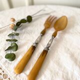 Old salad servers in horn and silver metal
