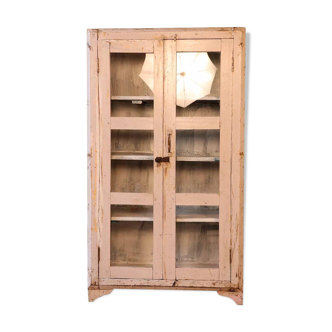Old display case in Burmese teak with a white-ecru patina