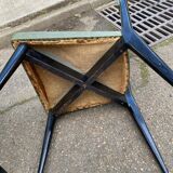 6 Italian design dining chairs in Scandinavian style with wood and olive green leather.