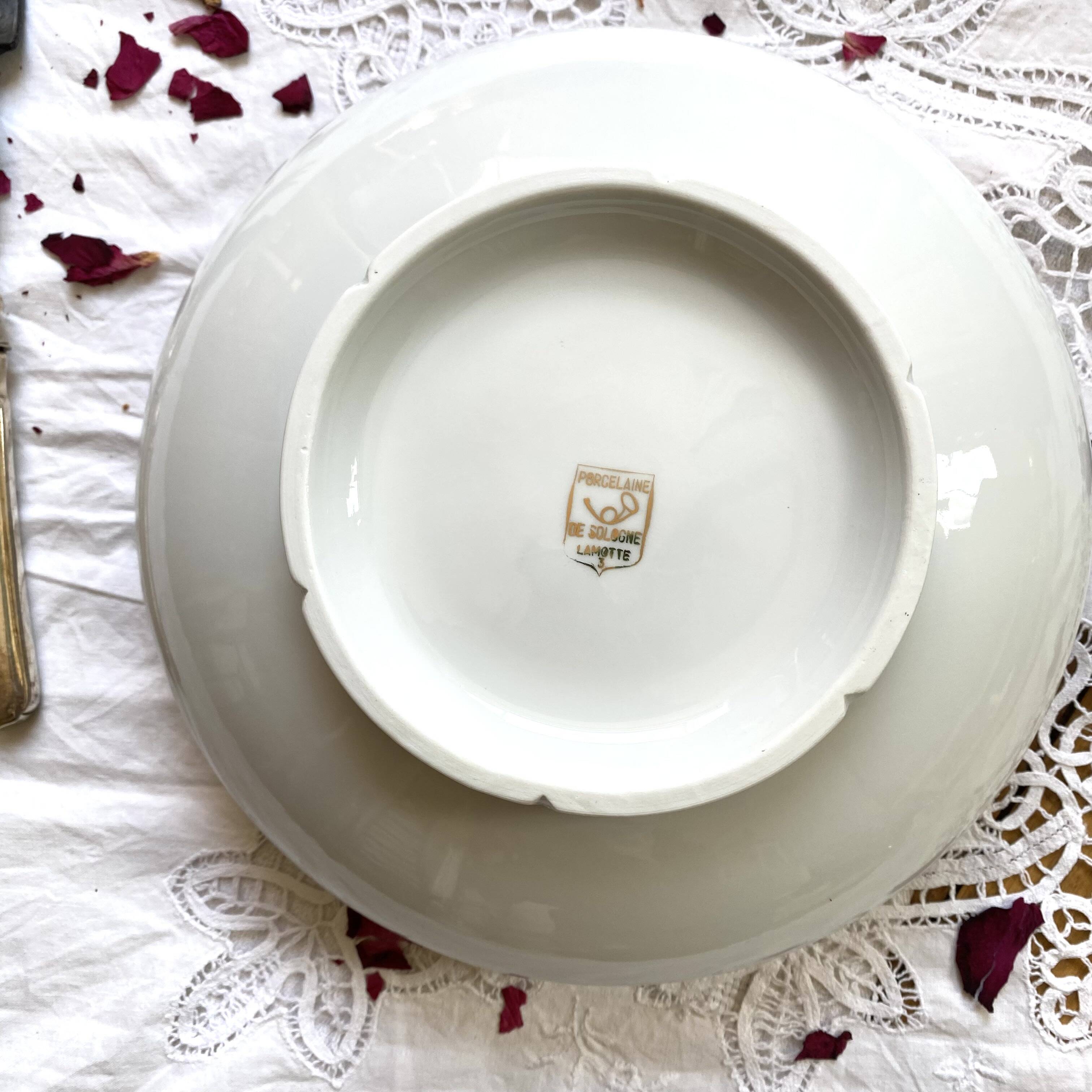 Salad bowl with gilding, vintage Sologne Lamotte porcelain