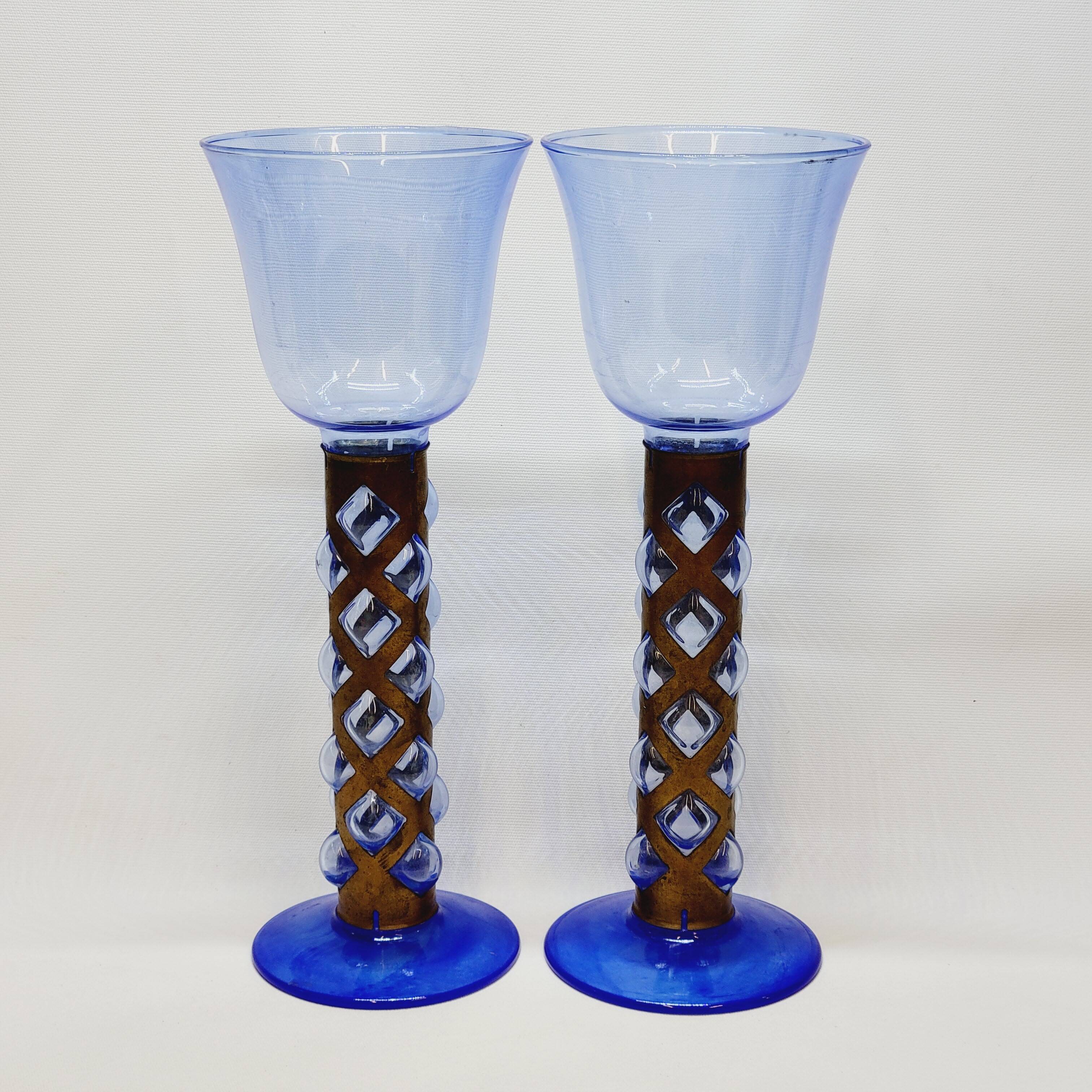 Pair Of Blue Glass Tealight Holders Blown In Cage Dlg Felipe Derflingher