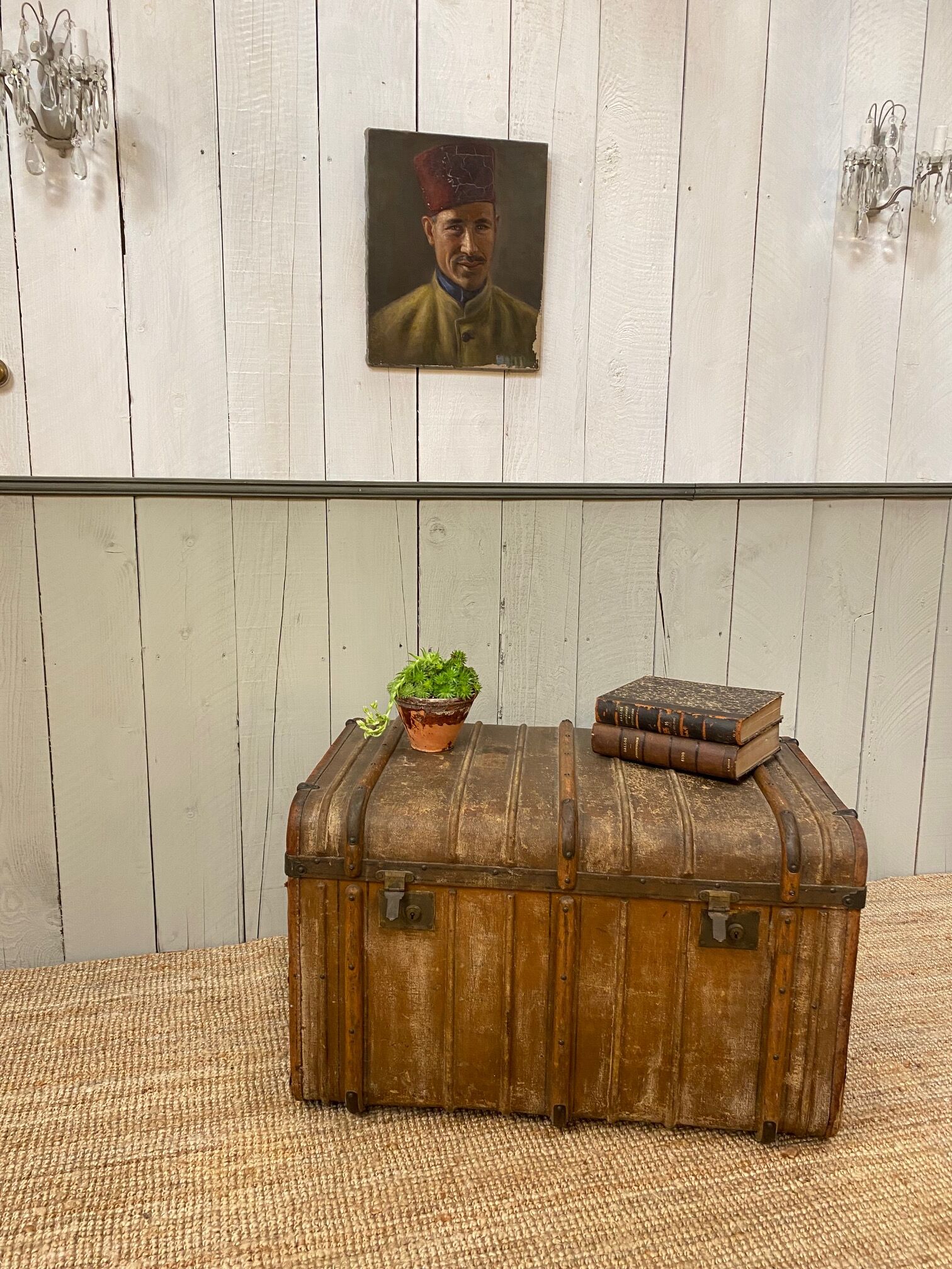 Antique trunk monogrammed coated canvas