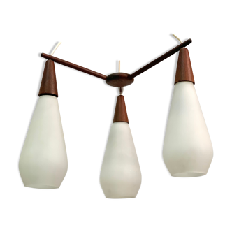 Swedish midcentury opal and teak ceiling lamp