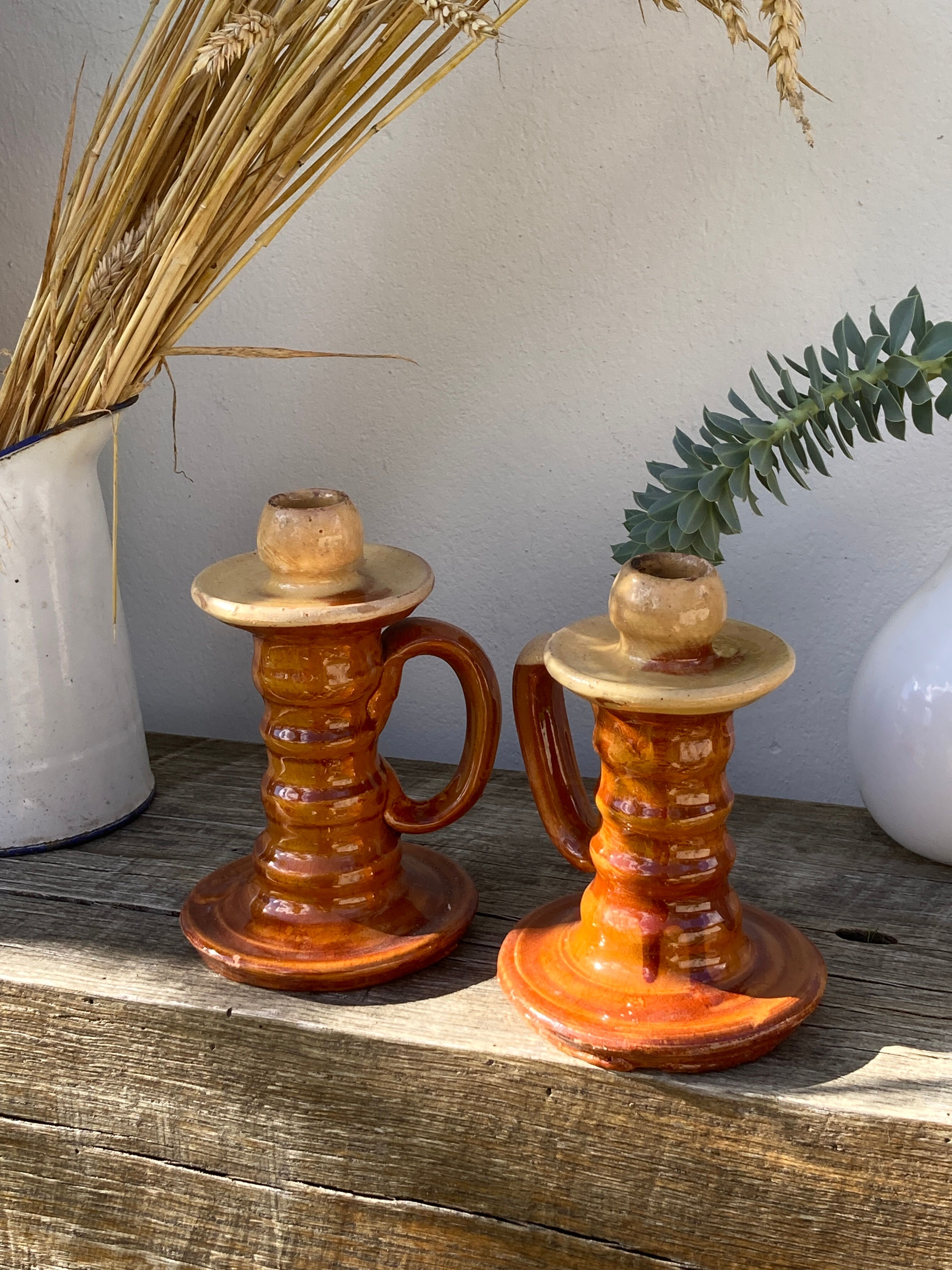 Pair of candle holder Tamegroute old terracotta enamelled brown and beige Moroccan berber