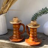 Pair of candle holder Tamegroute old terracotta enamelled brown and beige Moroccan berber