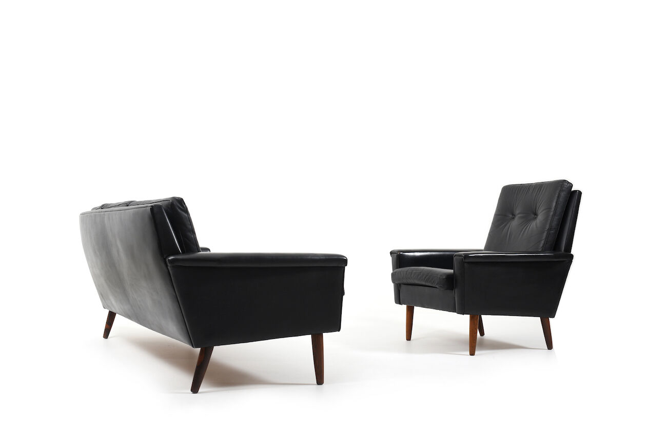 Mid Century Danish black Leather Sofa Set