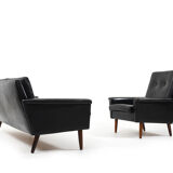 Mid Century Danish black Leather Sofa Set