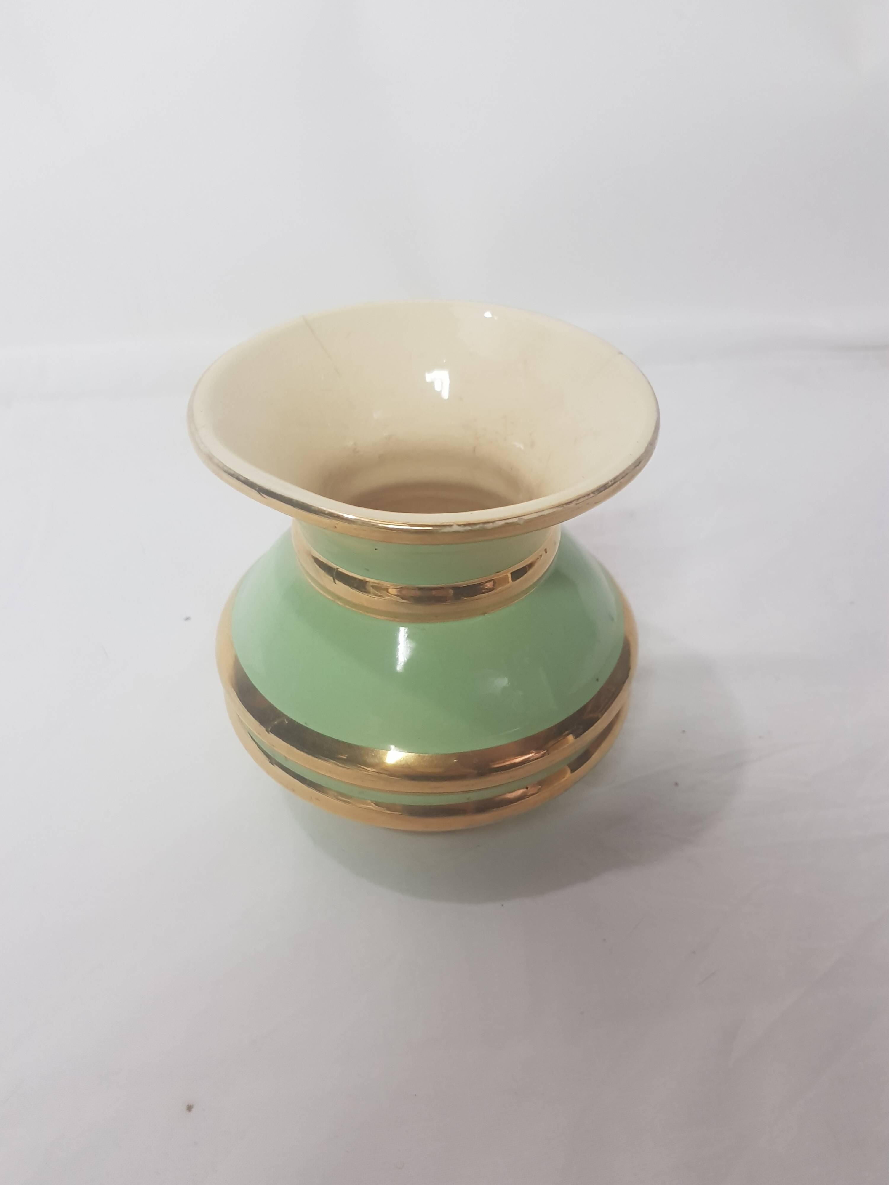 Enameled ceramic vase by Viroflay Almond and gold glass 1950s