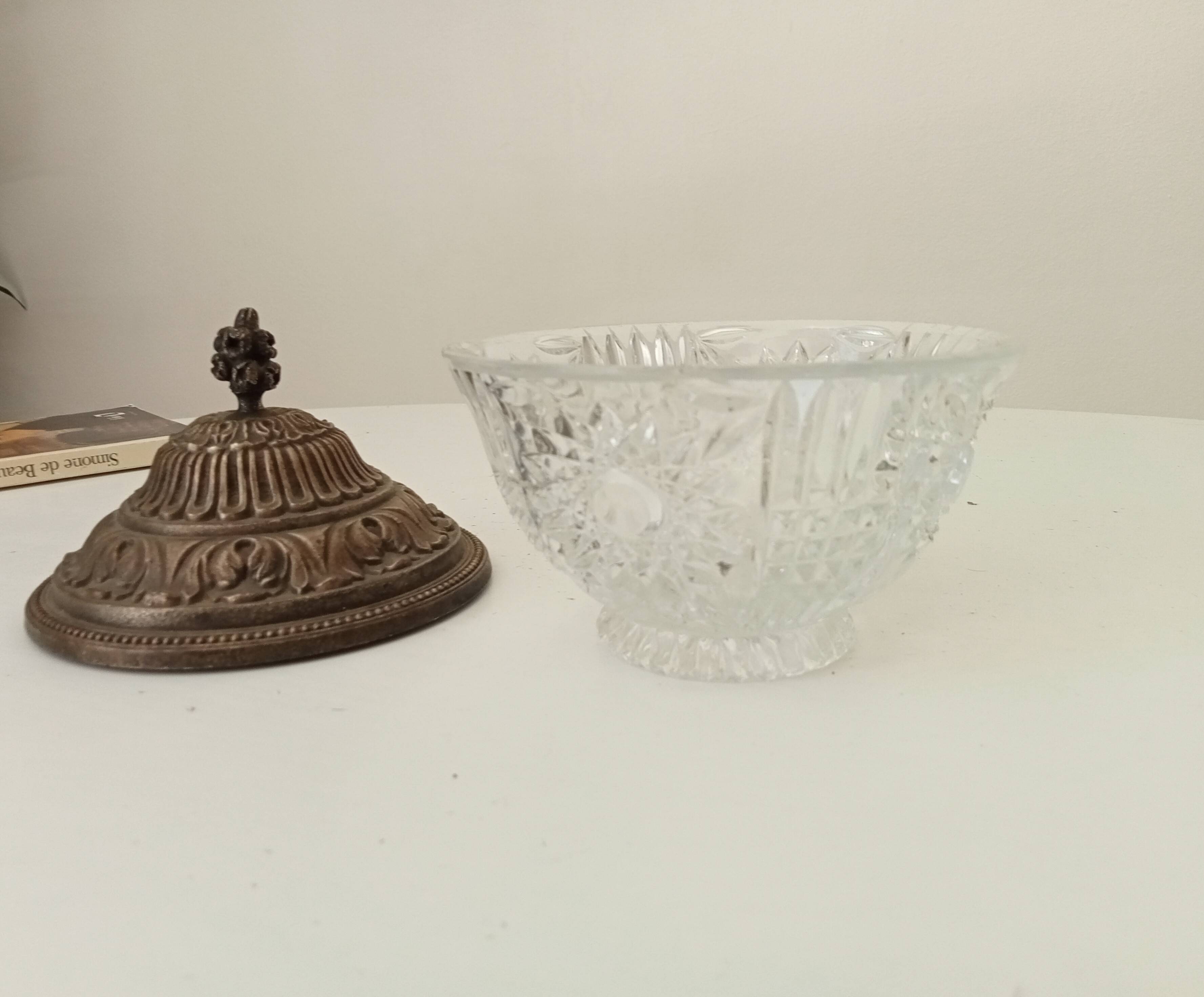 Vintage chiseled glass and tin candy box