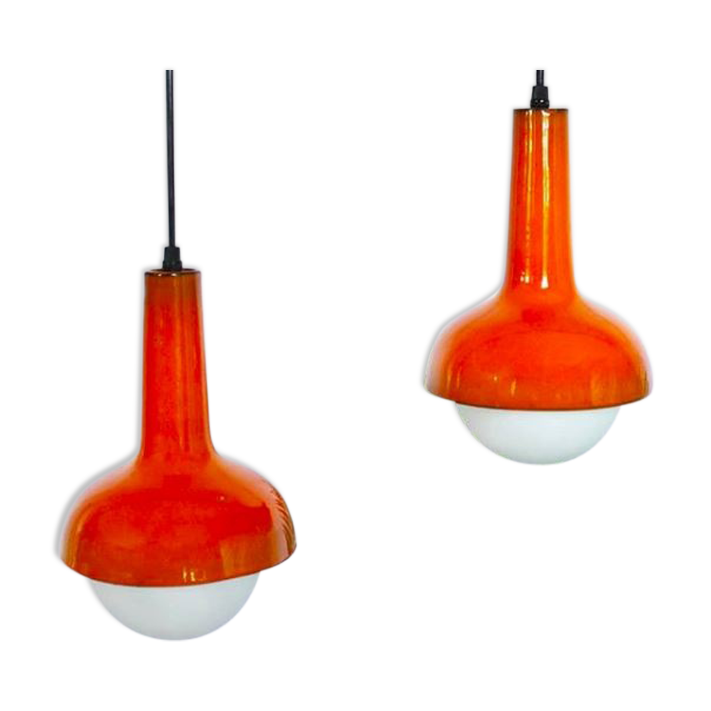 Rare pair of Orange enamelled ceramic hanging