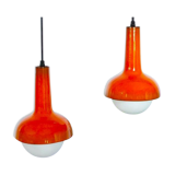 Rare pair of Orange enamelled ceramic hanging