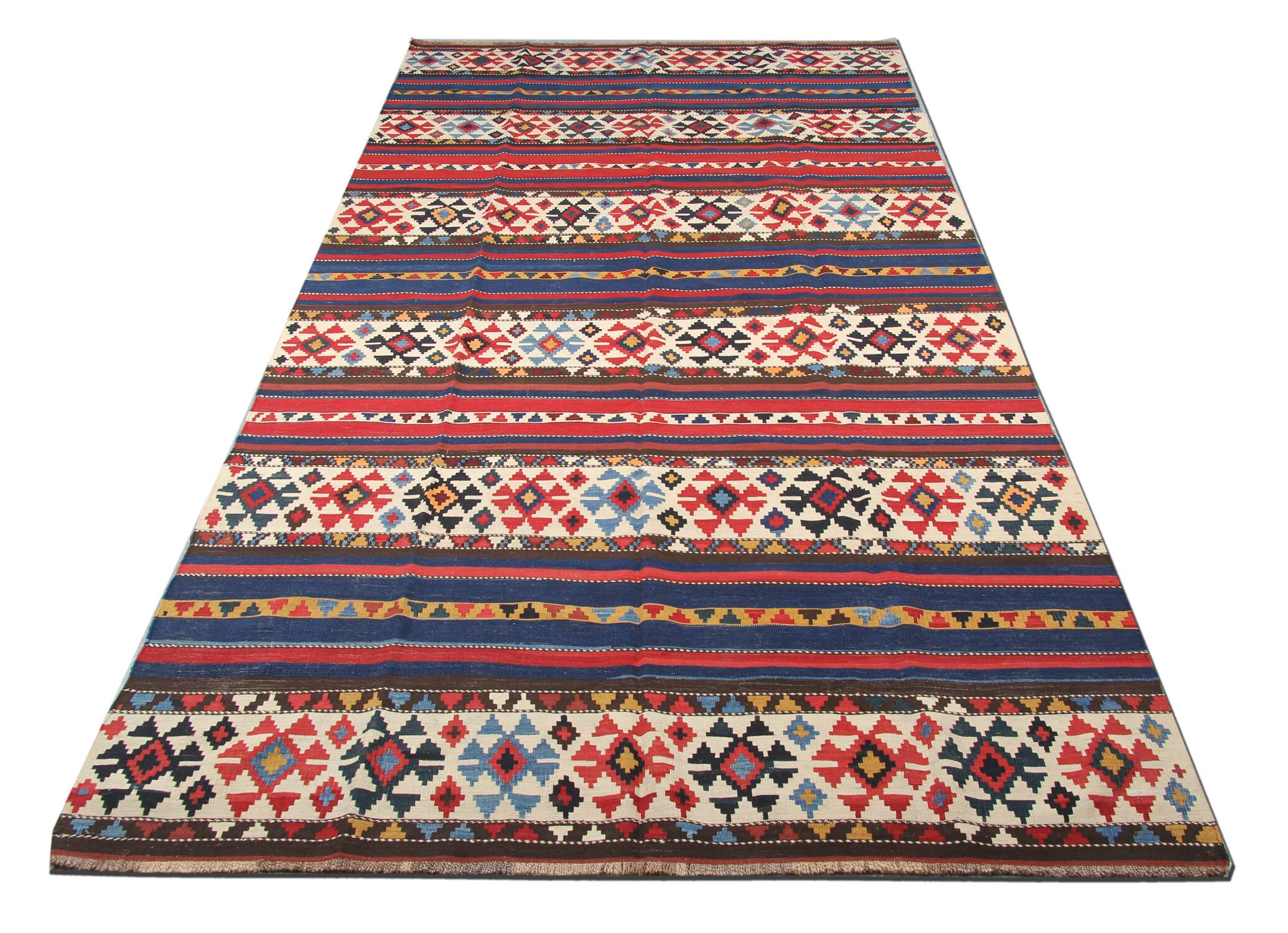 Shirvan Kilim Runner 1940s, Tribal Wool Striped Geometric Rug 340x160cm