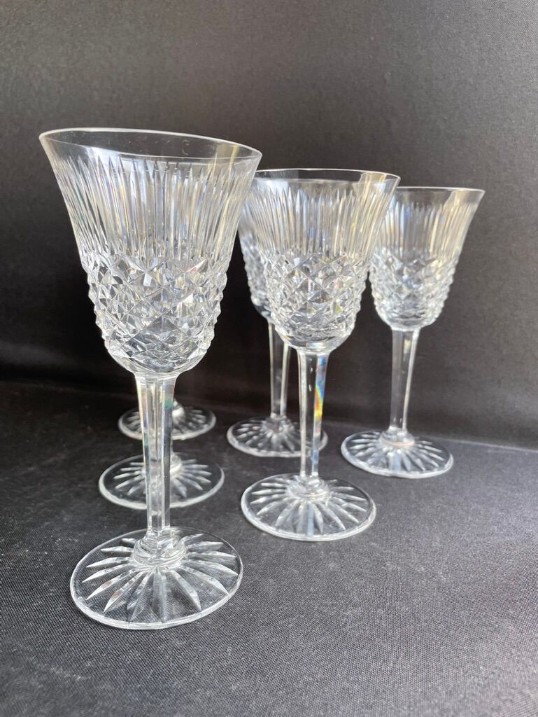 6 old carved crystal wine glasses