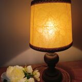 turned wooden table lamp, vintage leather shade