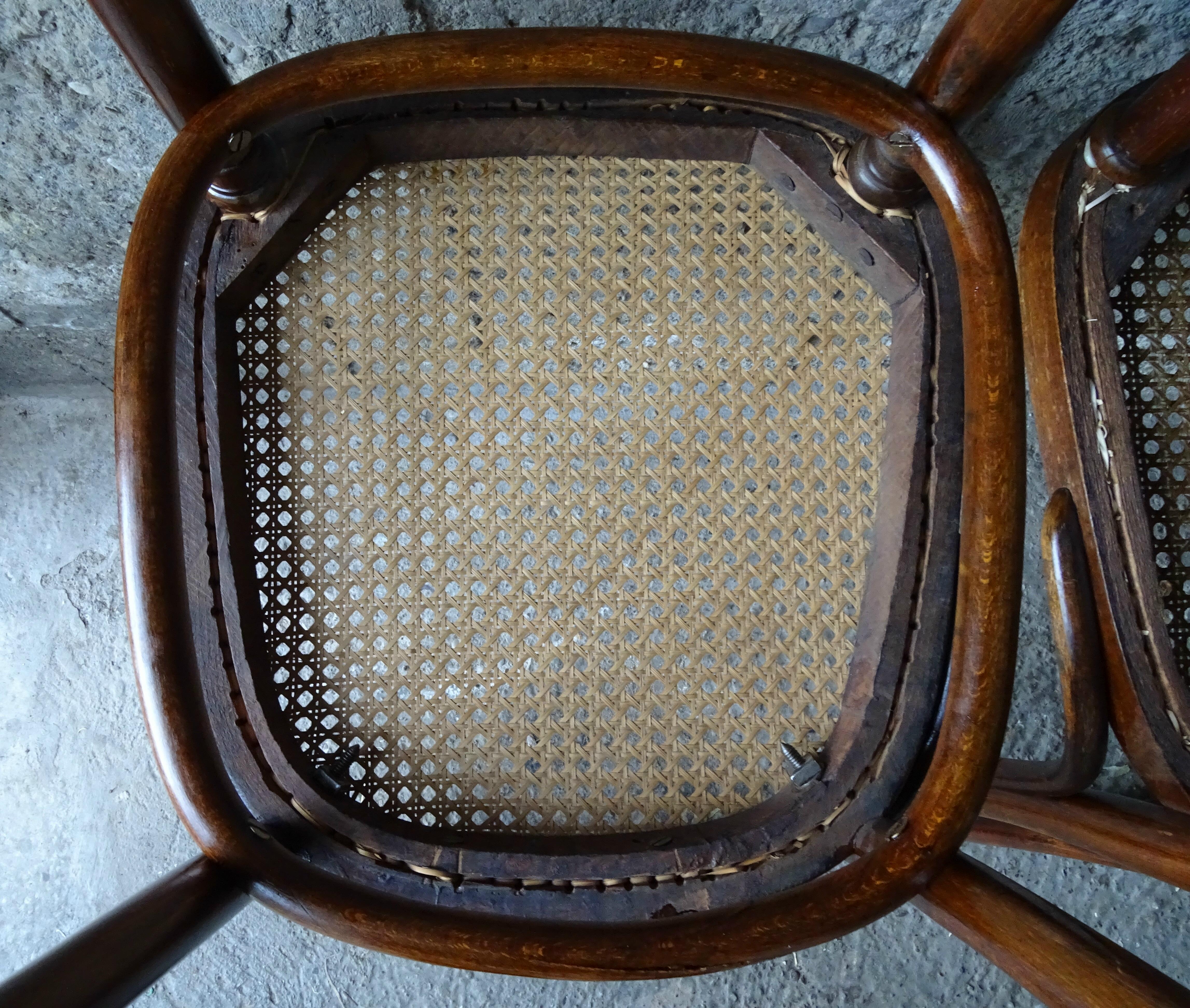 Fake pair of Kohn and Turpe tanned bistro chairs, circa 1900,