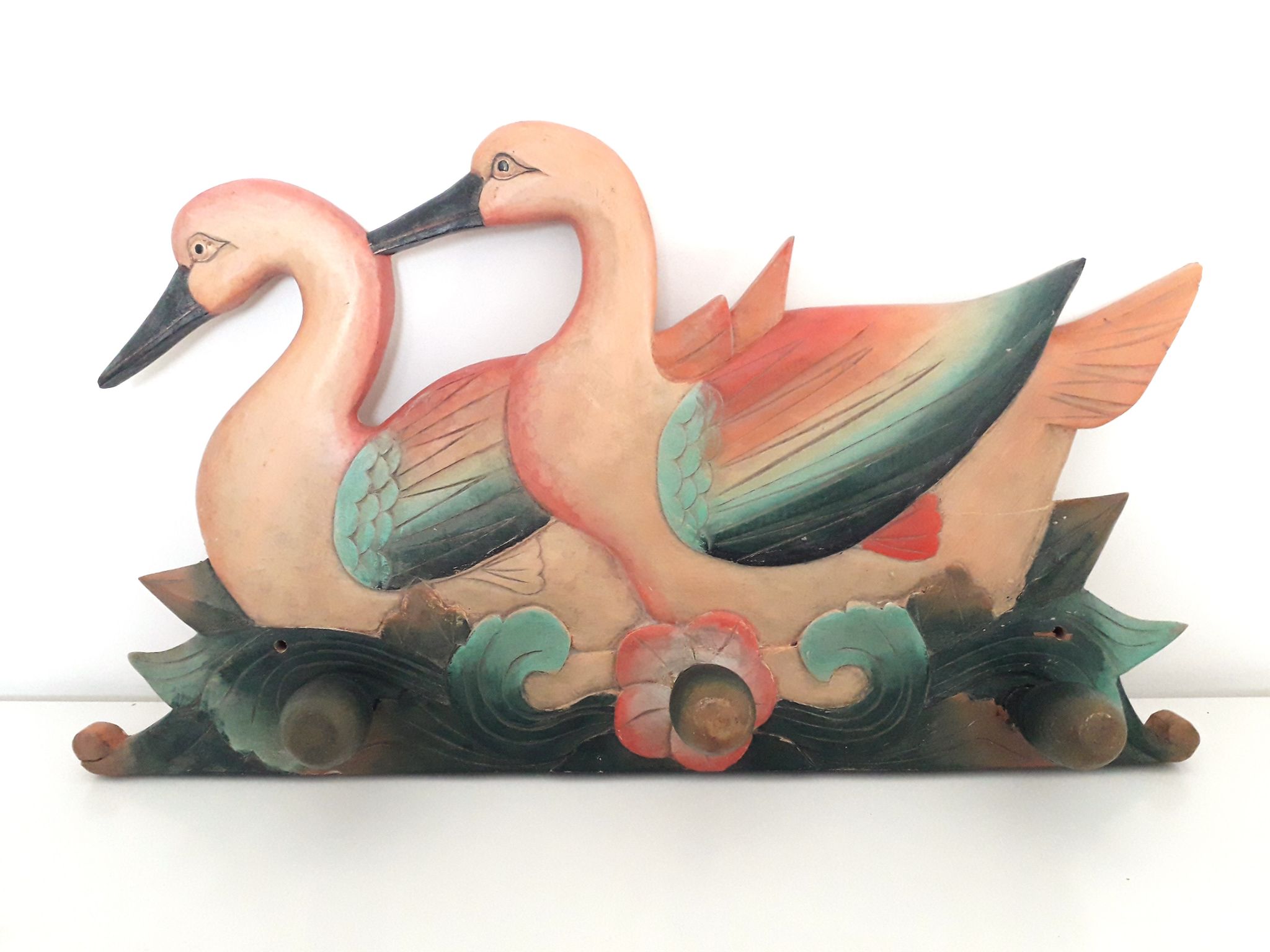 Vintage wall coat rack - Carved wood duck patterns - 1900