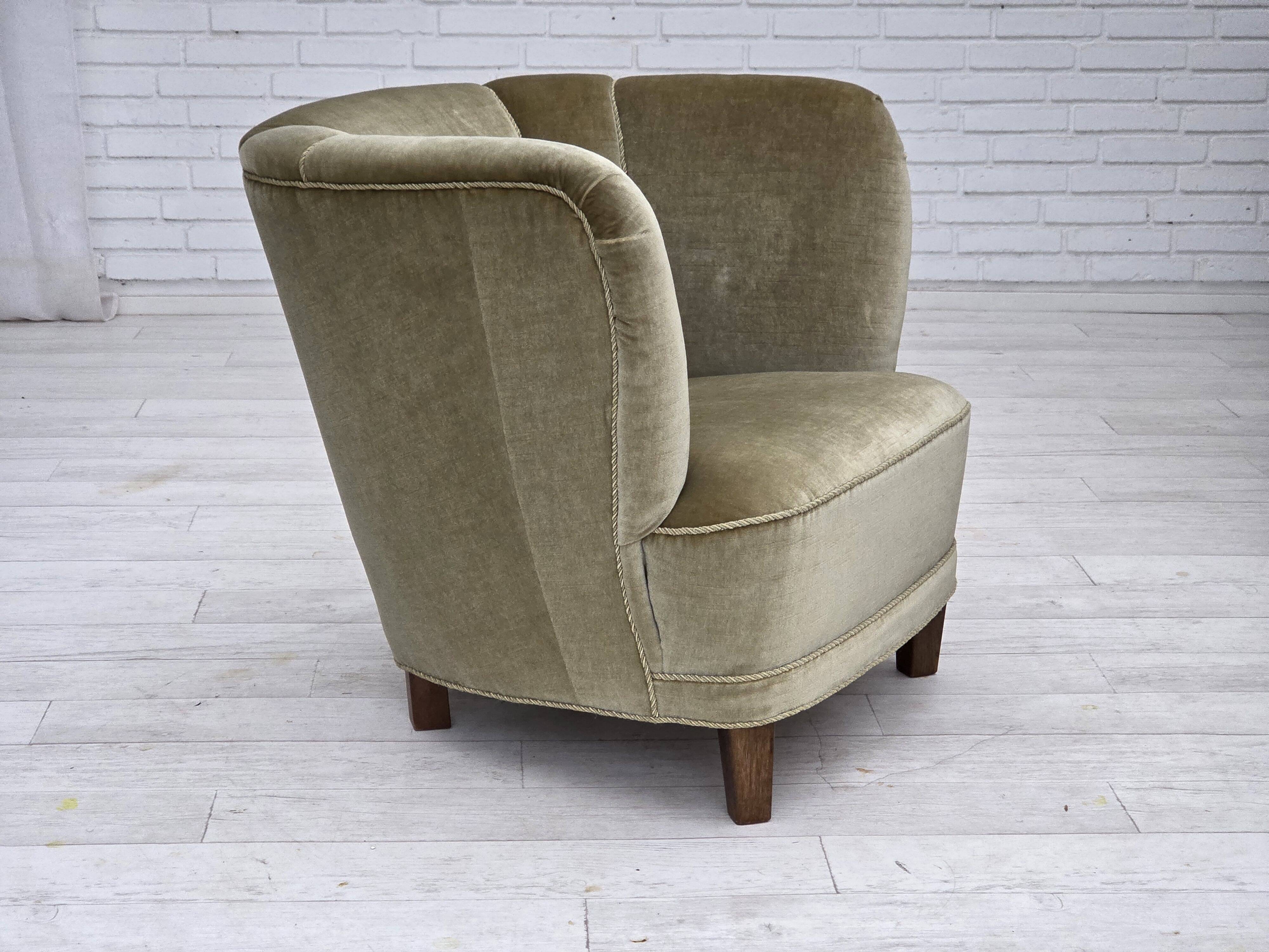 1970s, Danish armchair, original green furniture velour, oak wood.