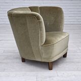 1970s, Danish armchair, original green furniture velour, oak wood.