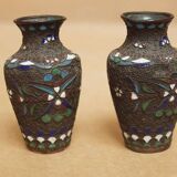 Pair of Japanese vases in bronze and enamel
