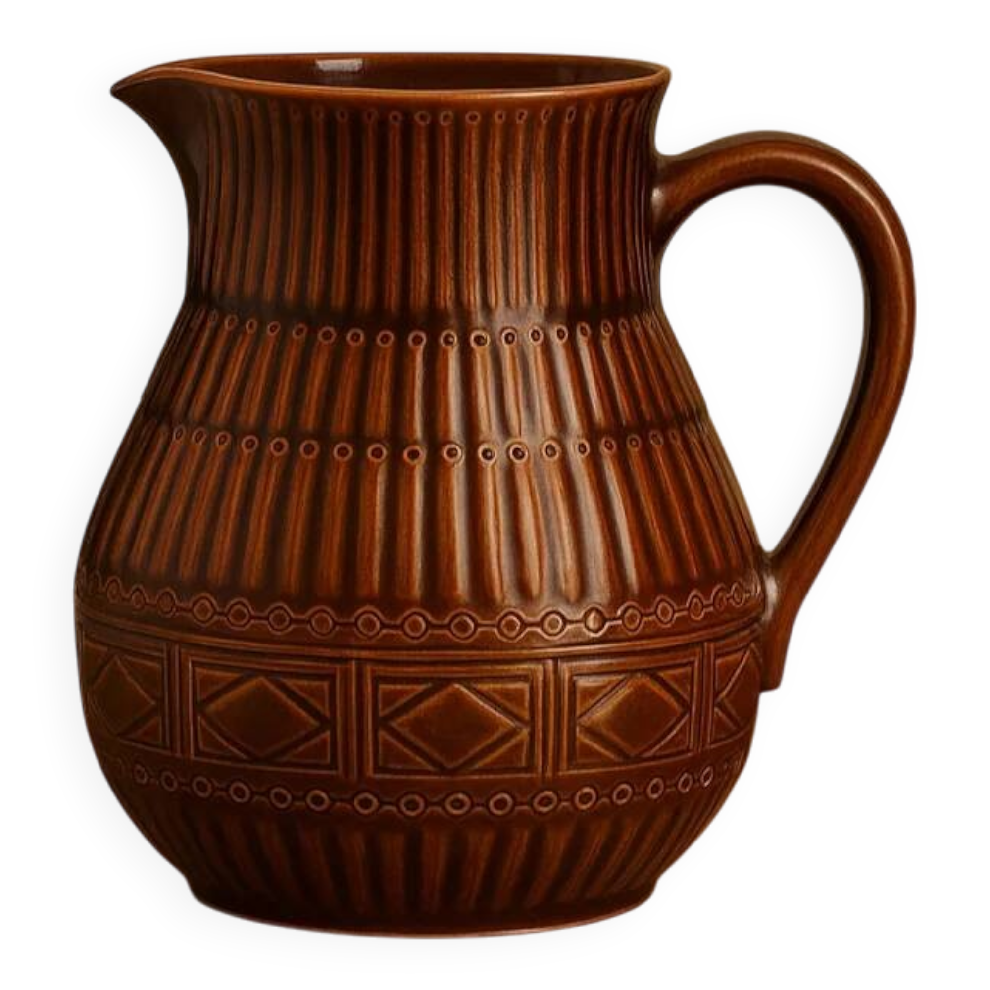 Superb vintage Digoin Sarreguemines jug in brown glazed ceramic.