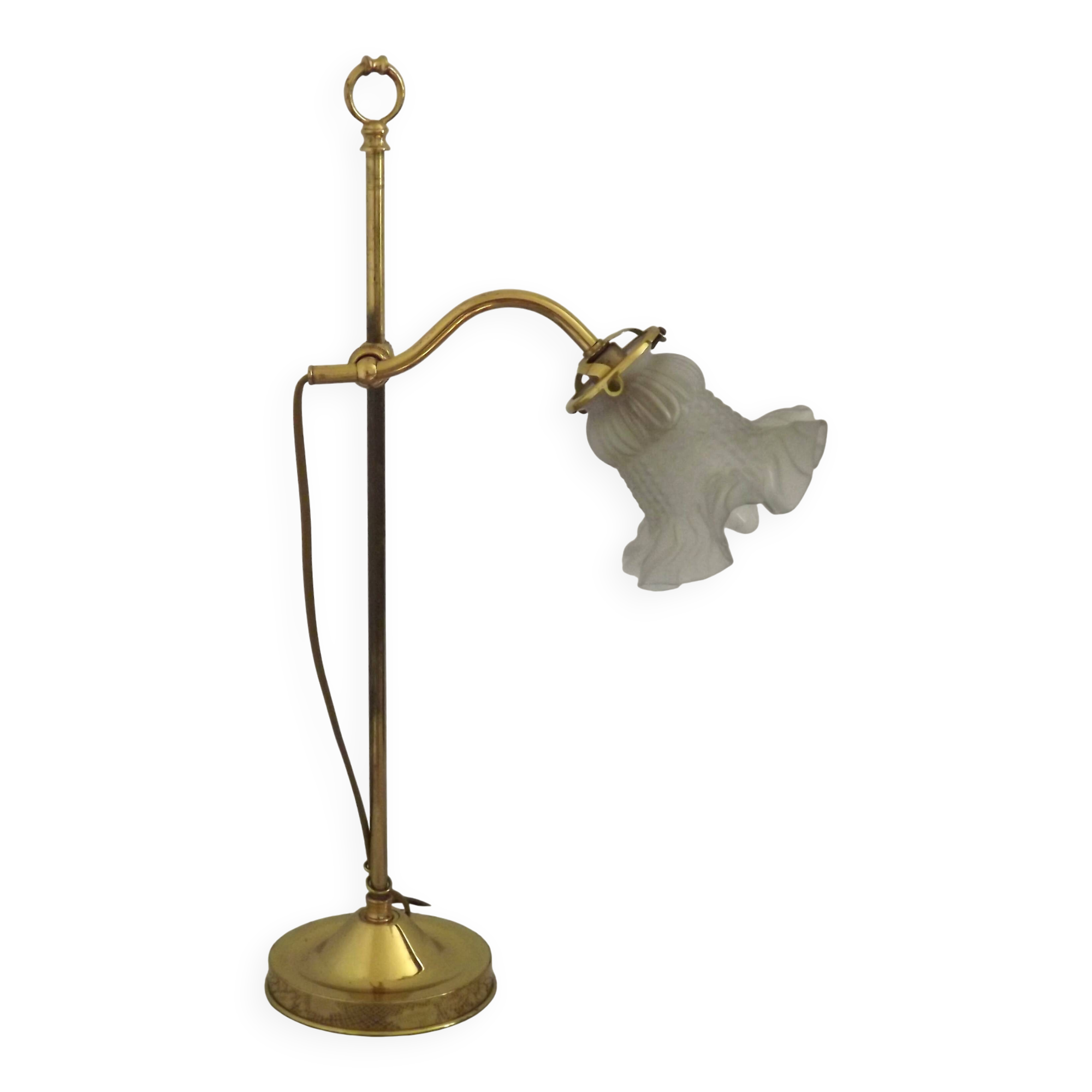 French antique brass goose neck table lamp with white opaque glass shade 5468.