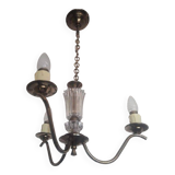 Chandelier 1950, 1960 3 lights gold metal and glass