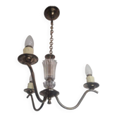 Chandelier 1950, 1960 3 lights gold metal and glass