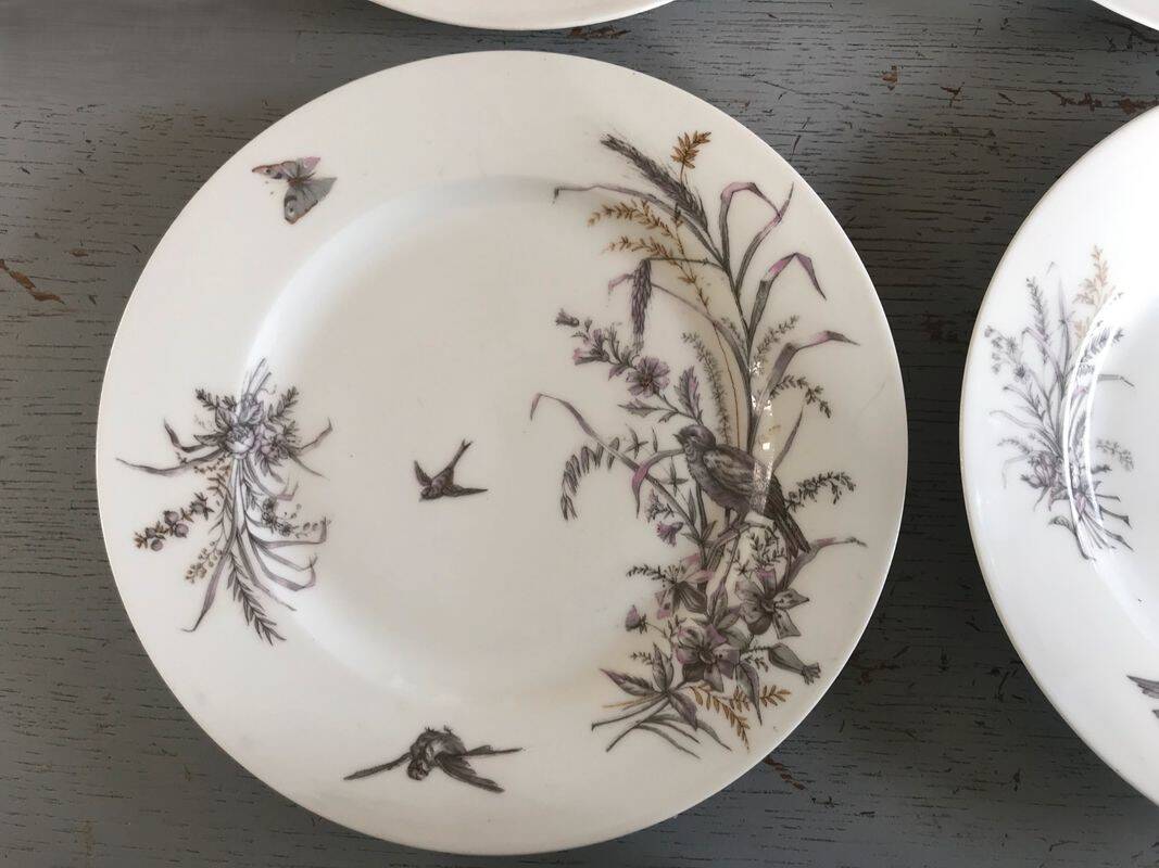 6 porcelain dessert plates with gold medals, exp 1867 1978, birds