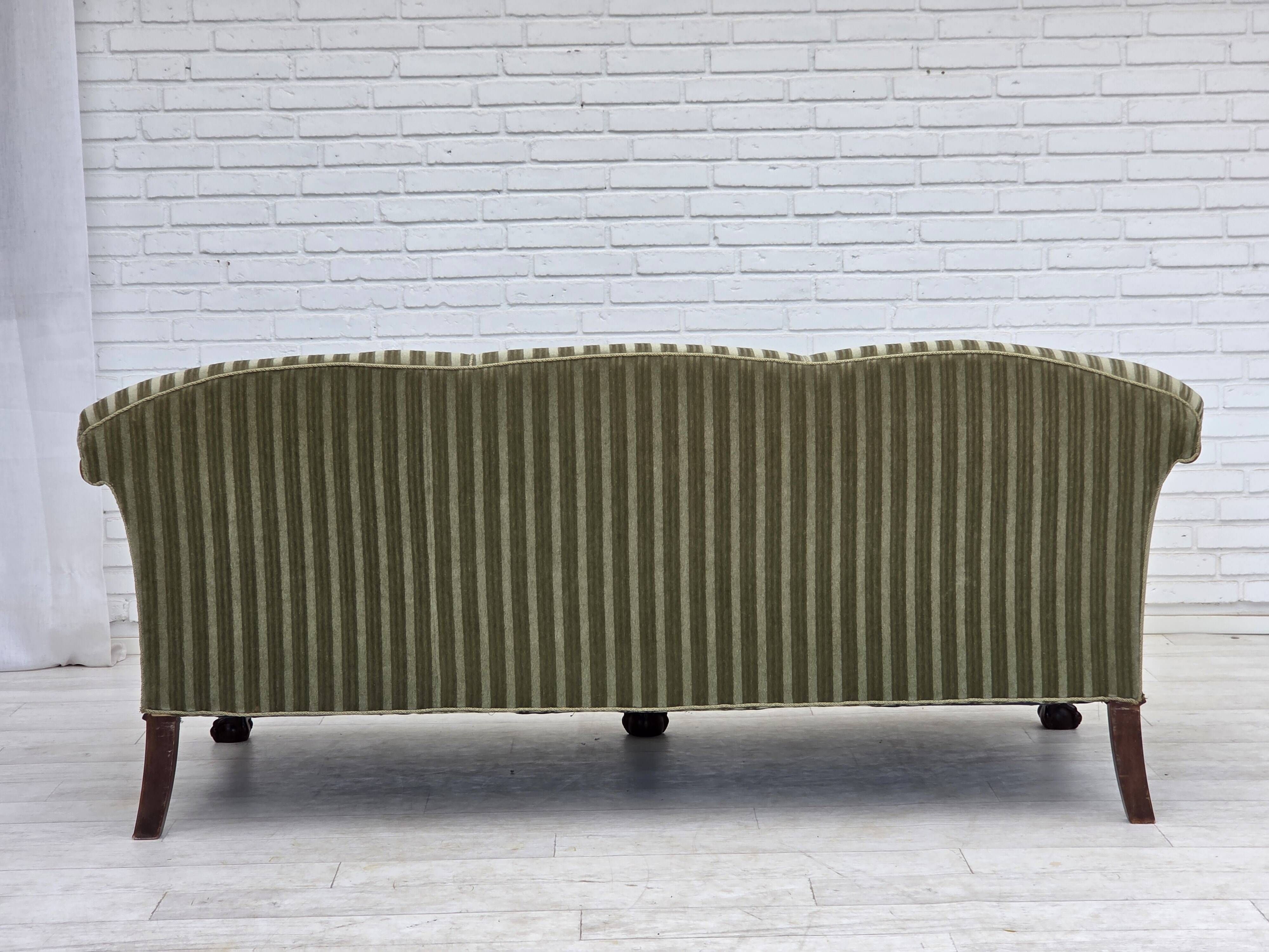 1950s, 3-seater Danish sofa, green furniture velour, teak wood.