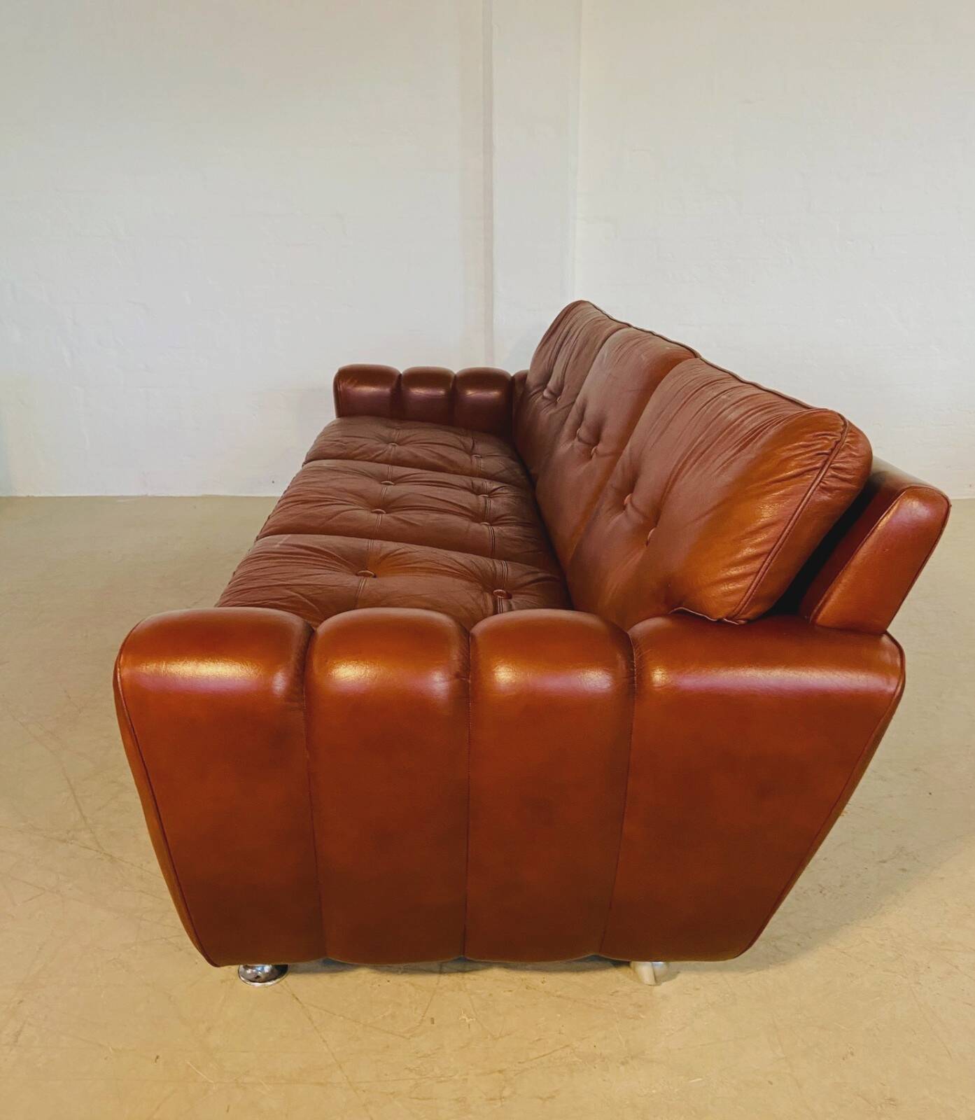Retro vintage Danish 3 person Svend Skipper sofa in chestnut brown leather