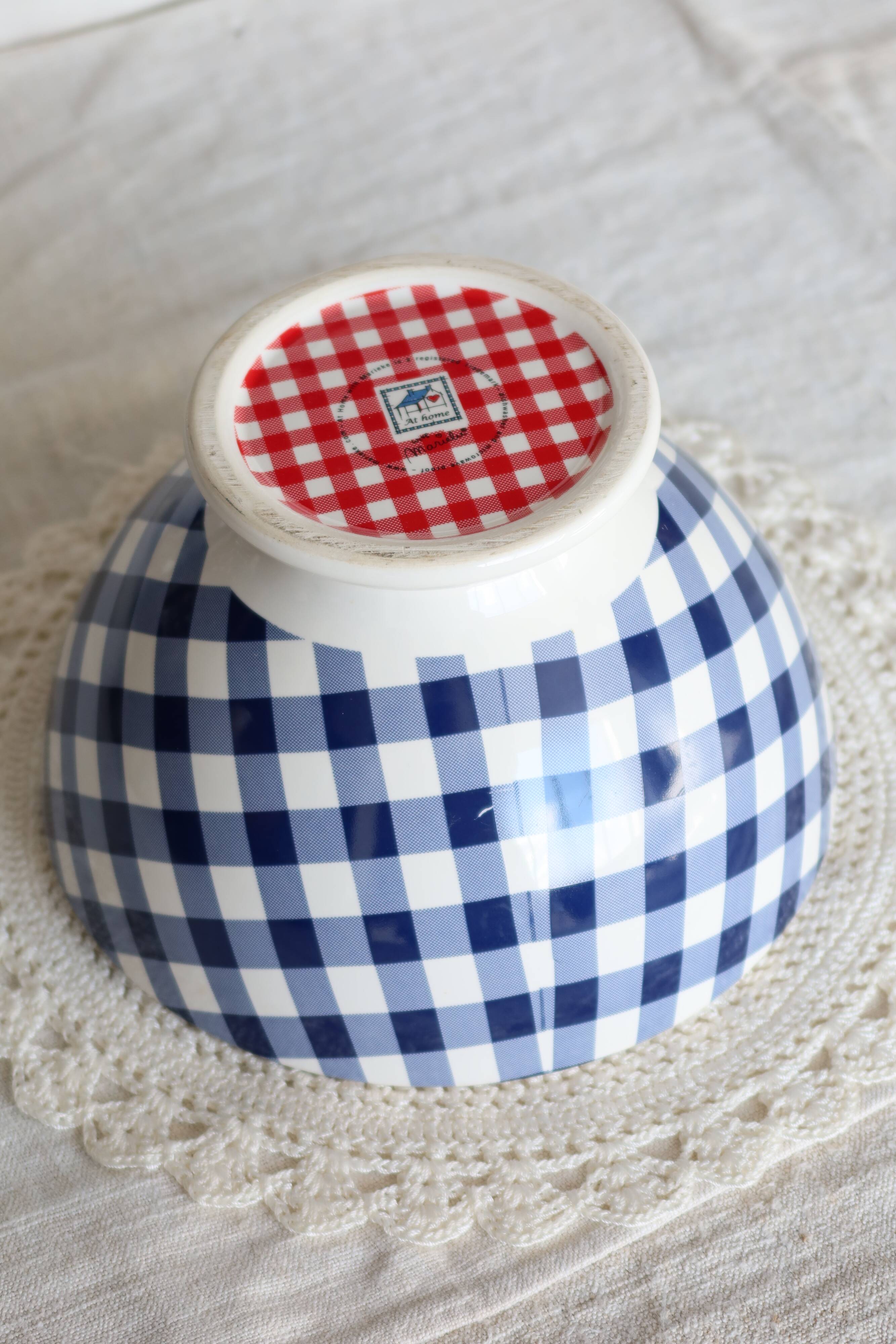 Large vintage white earthenware bowl with blue gingham pattern