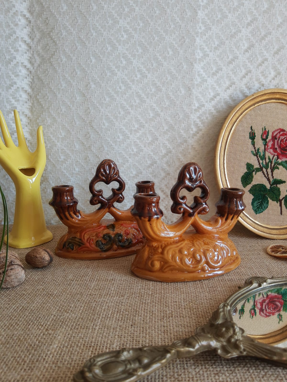 Pair of double barbotine candlesticks - vintage