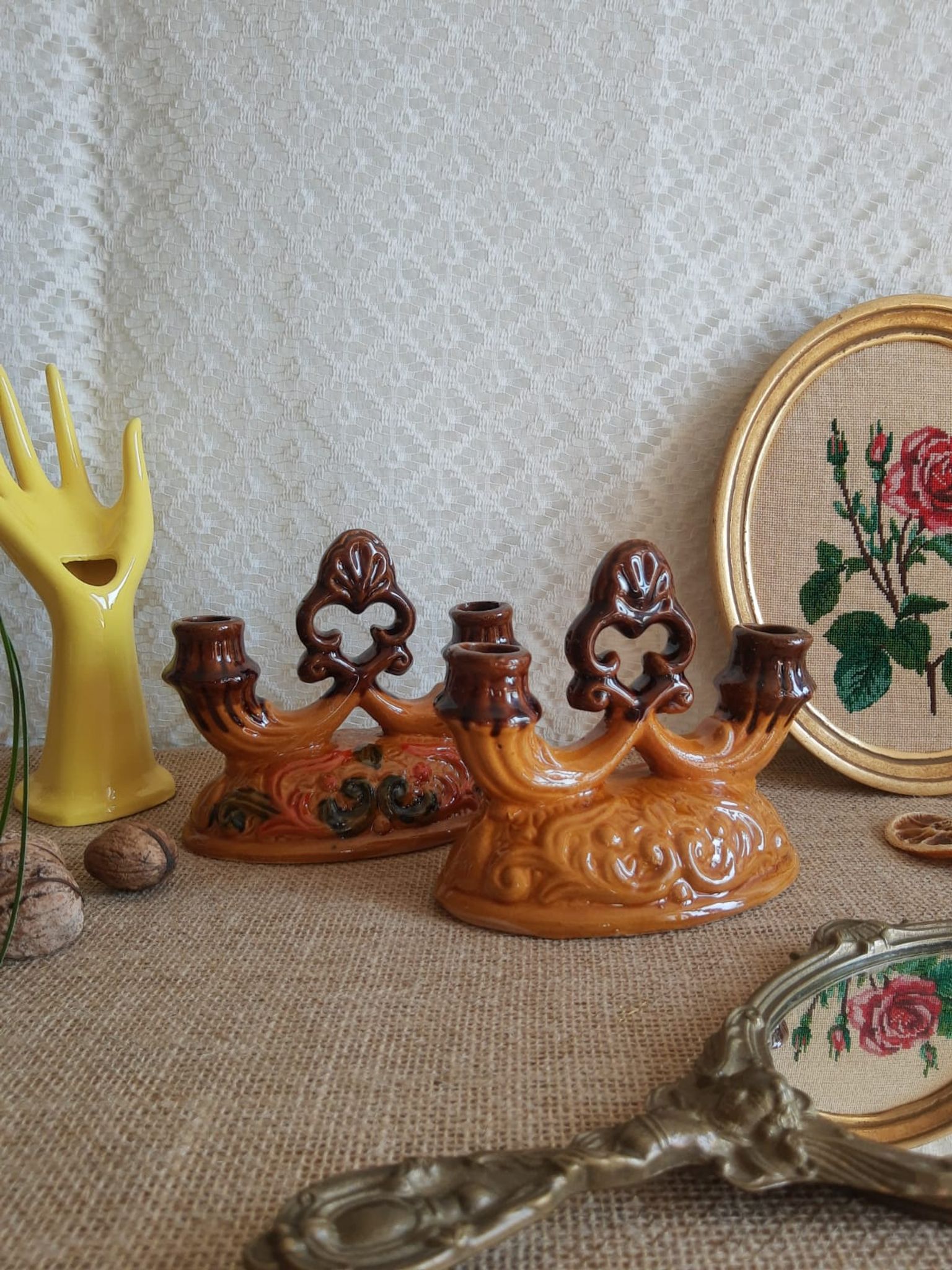 Paire de bougeoirs double barbotine - vintage