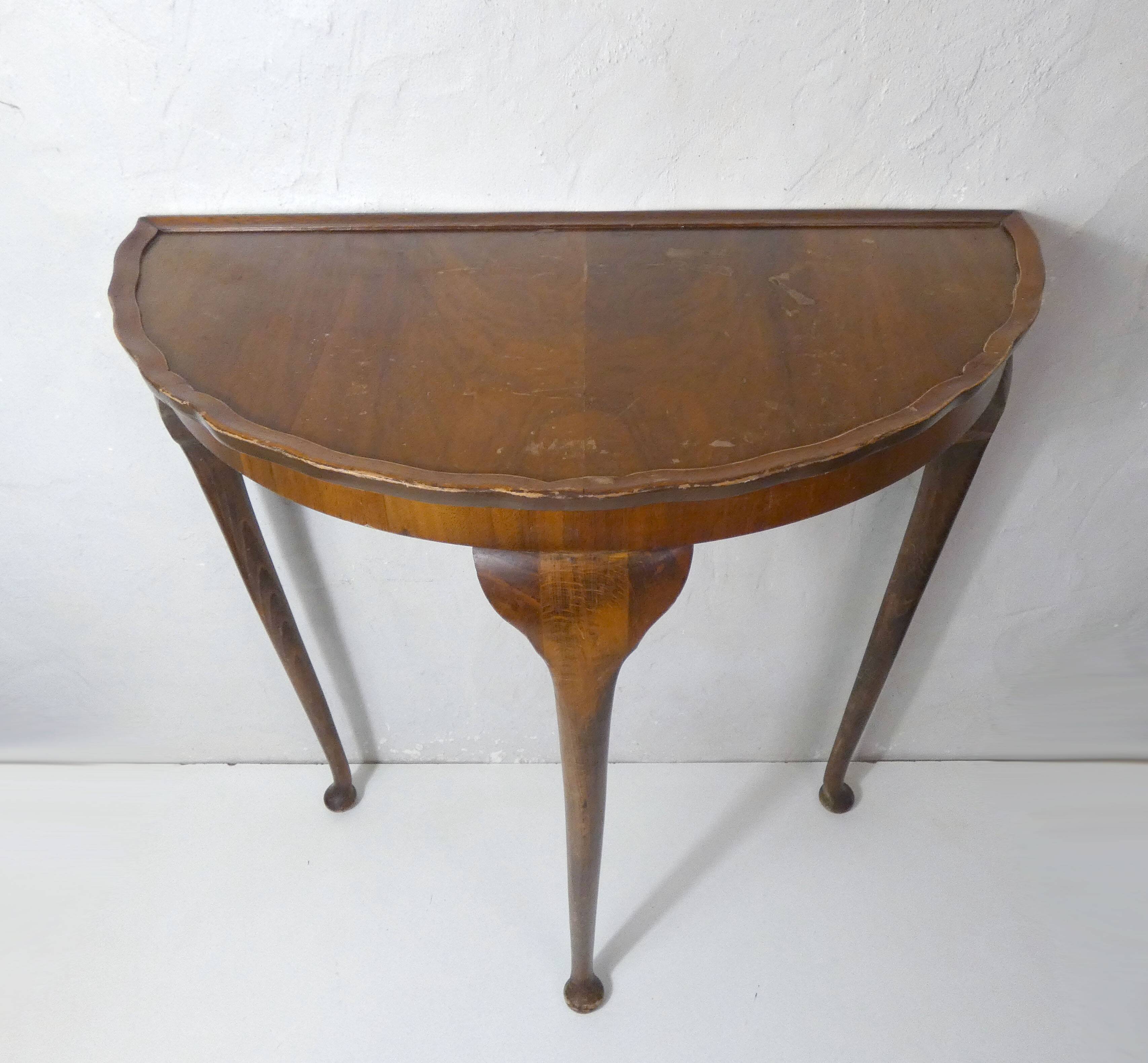 Old wooden half moon tripod console side table
