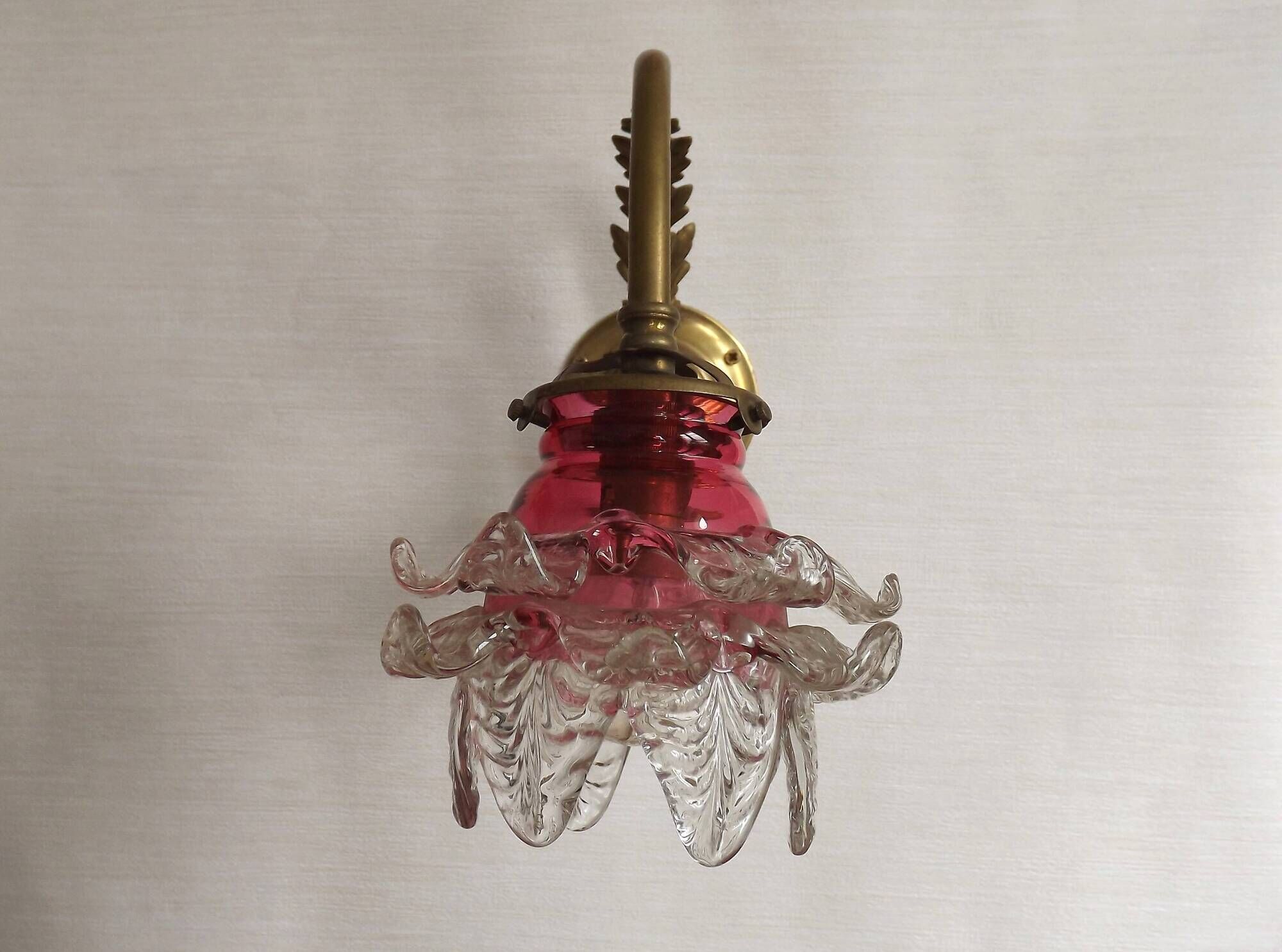 French Brass Single Wall Light with Pink & Clear Floral Glass Shade