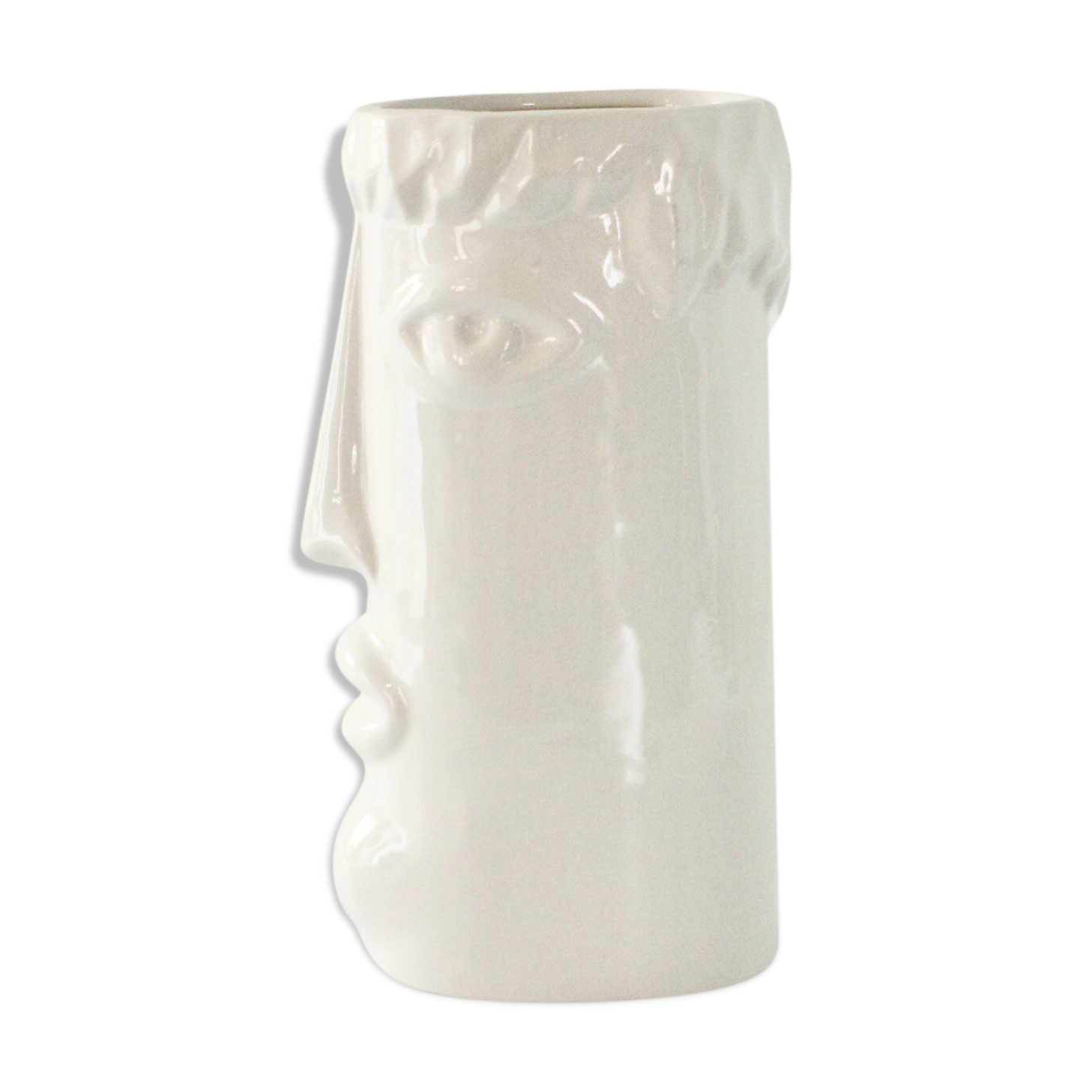 White glazed ceramic vase with face