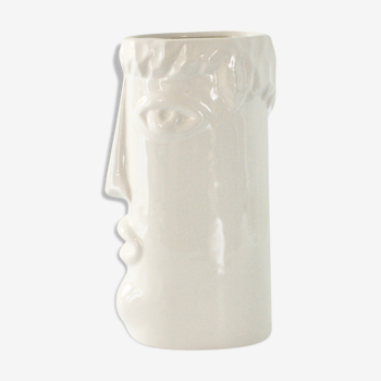 White glazed ceramic vase with face