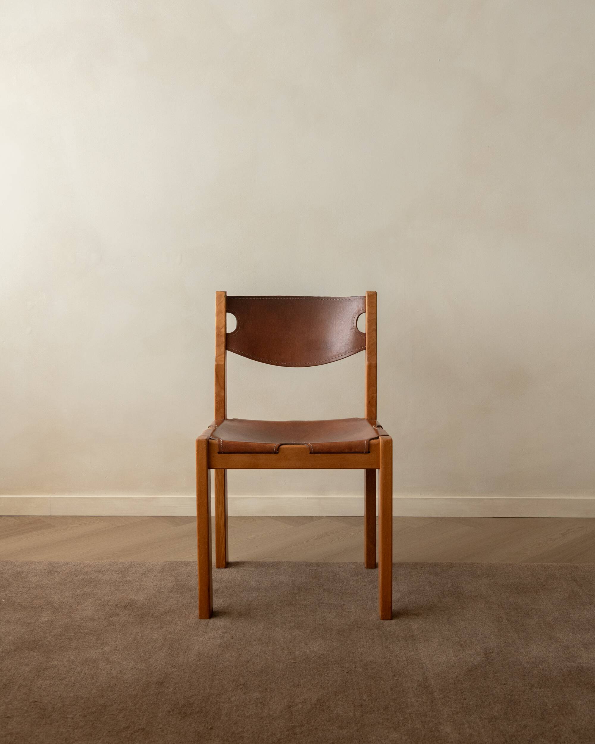 Brutalist Elm and Leather Dining Chairs by Maison Regain, 1970s, Set of 4