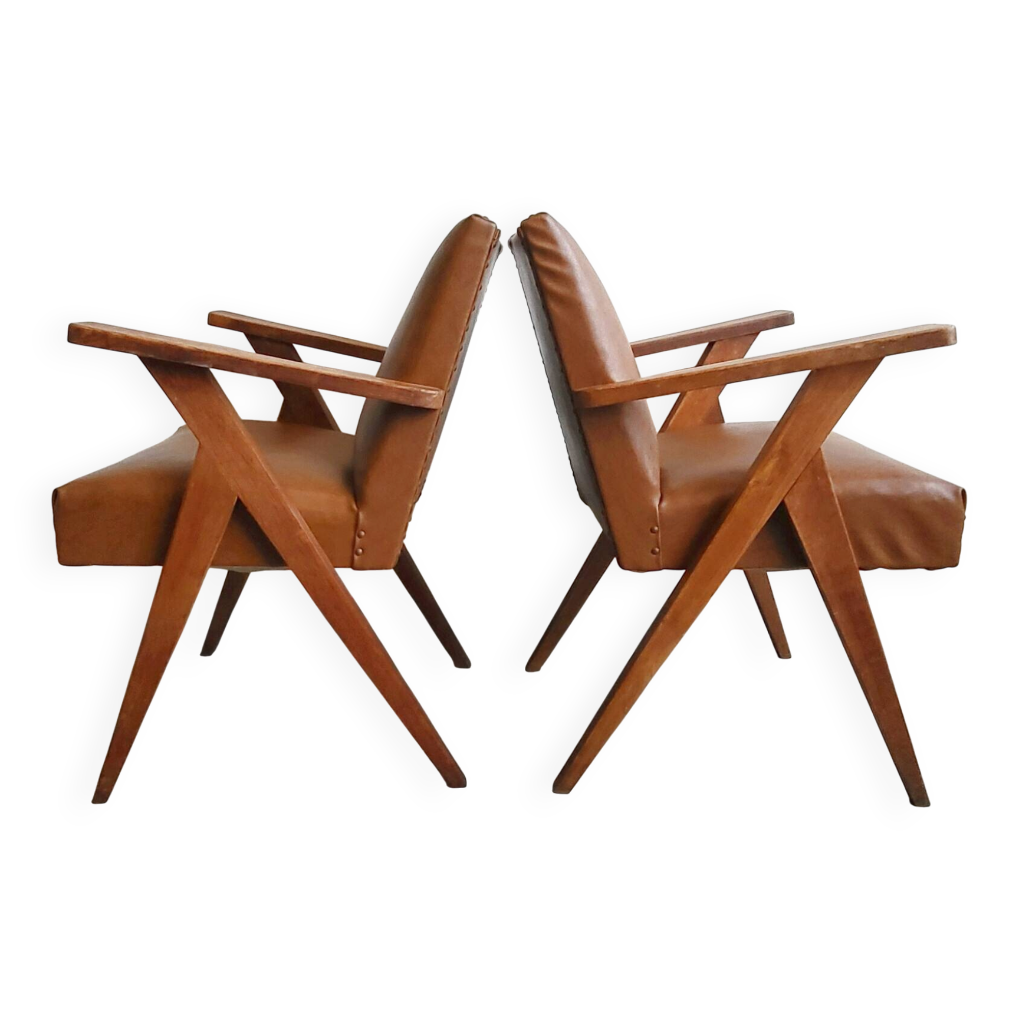 PAIR OF VINTAGE 1950 BRIDGE ARMCHAIRS WITH COMPASS LEGS IN OAK & SIMILAR LEATHER HAV