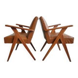 PAIR OF VINTAGE 1950 BRIDGE ARMCHAIRS WITH COMPASS LEGS IN OAK & SIMILAR LEATHER HAV