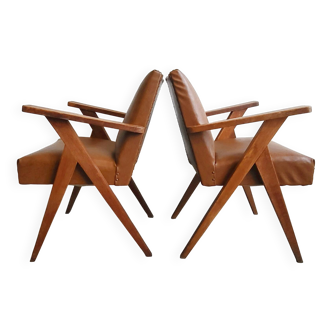 PAIR OF VINTAGE 1950 BRIDGE ARMCHAIRS WITH COMPASS LEGS IN OAK & SIMILAR LEATHER HAV