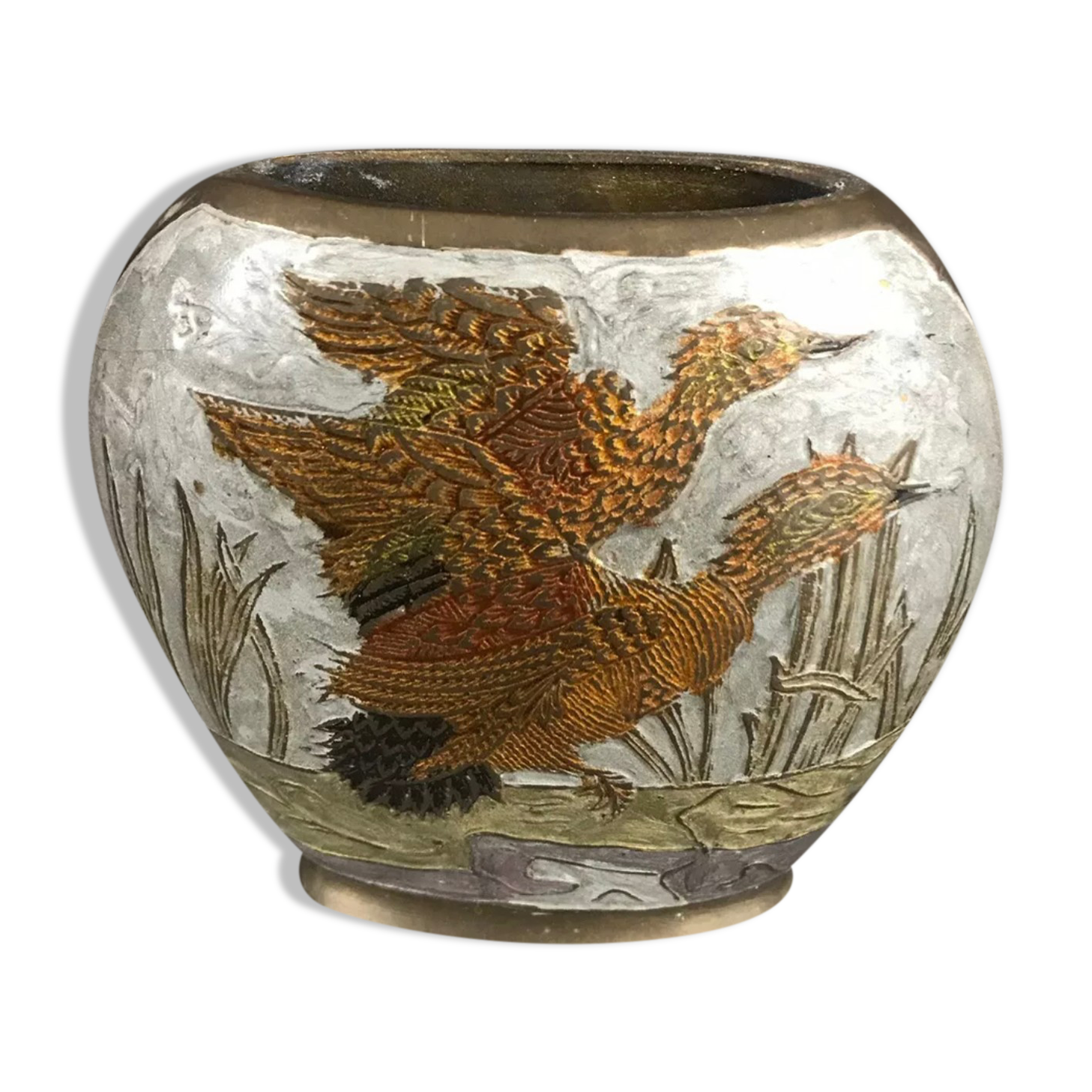 Vintage vase in enamelled brass decoration of duck flight 10.5 cm